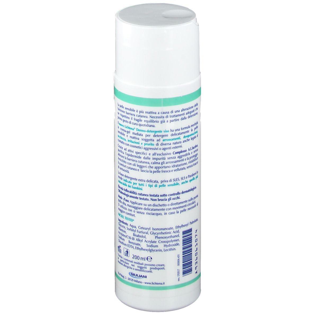 Flacon blanc avec accents verts. Texte en italien. Dos avec ingrédients et informations fabricant.