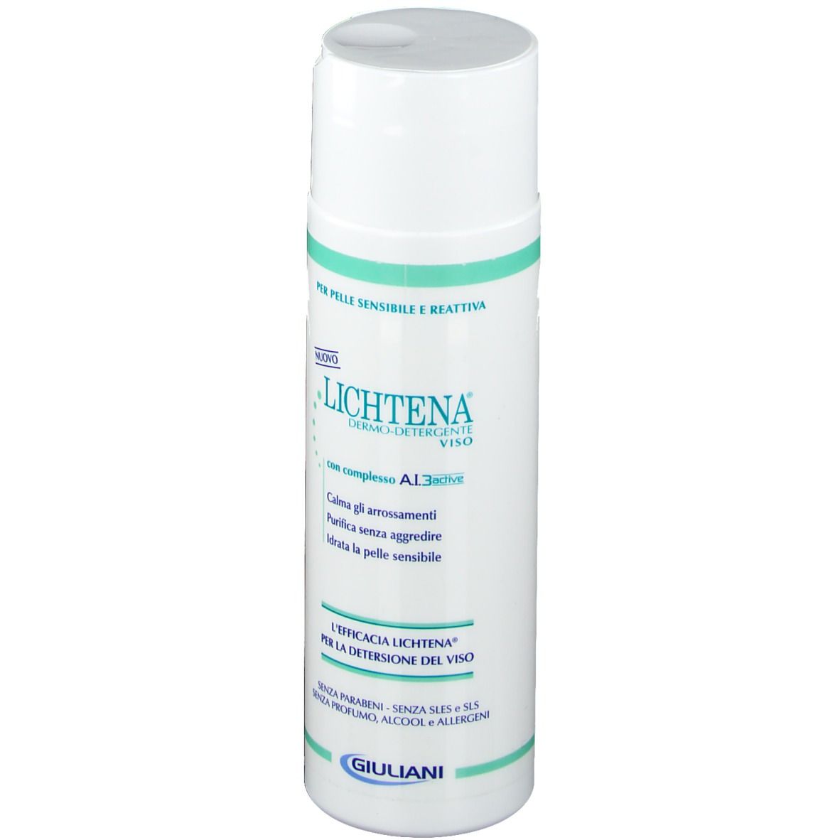 Flacon blanc et vert. Inscription : Lichtena, Dermo-Detergente Viso. Texte : Pour peaux sensibles. Logo Giuliani.