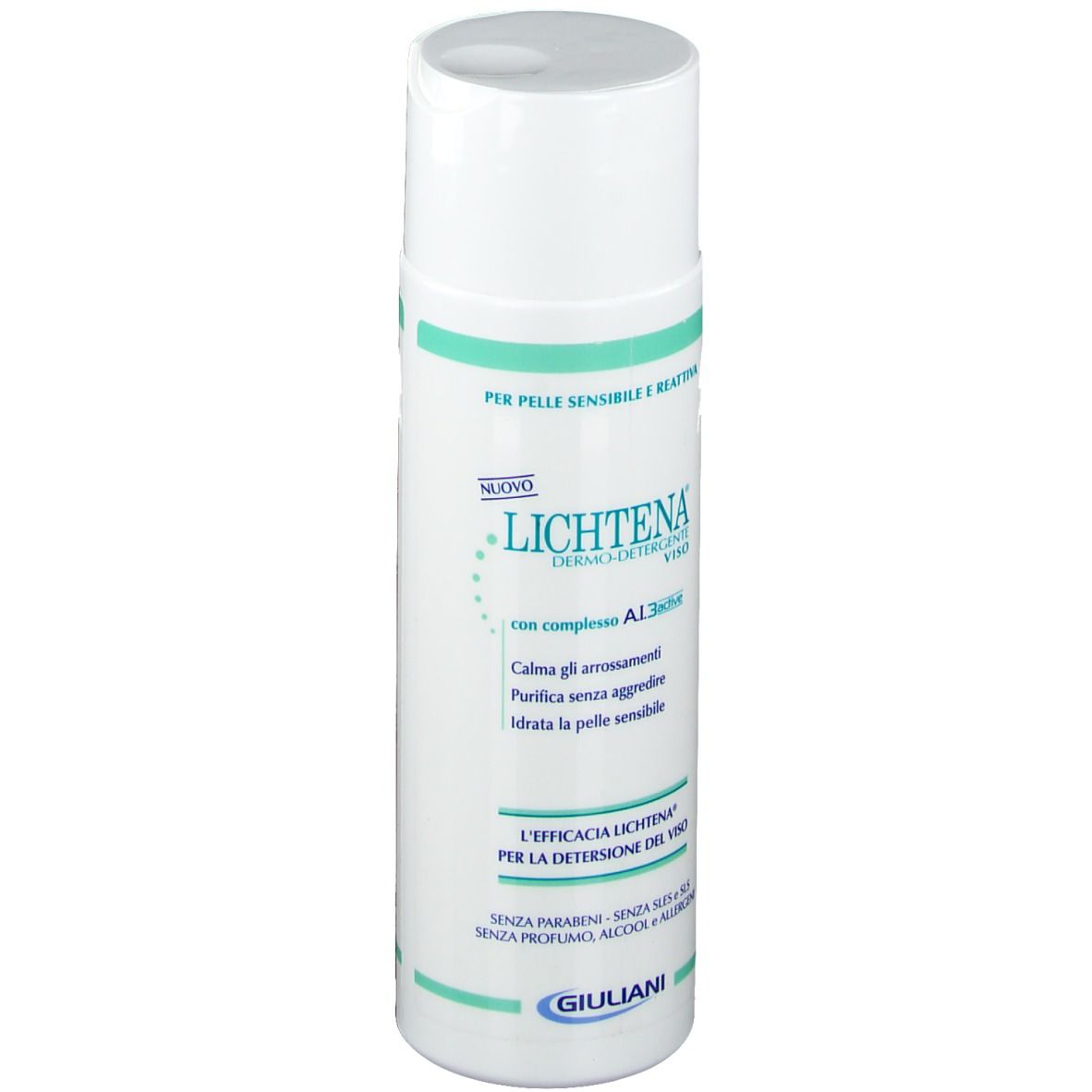 Flacon blanc et vert. Inscription : Lichtena, Dermo-Detergente Viso. Texte : Pour peaux sensibles. Logo Giuliani.