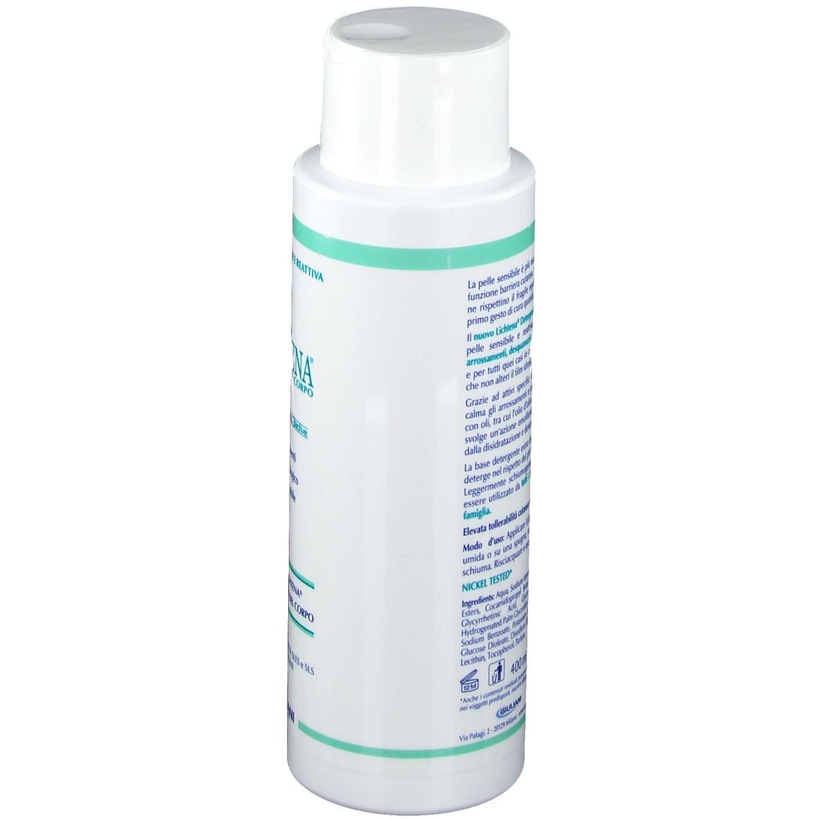Flacon blanc avec étiquette verte. Texte en italien. Nom du produit: Lichtena Detergente Corpo. Logo Giuliani. Ingrédients.