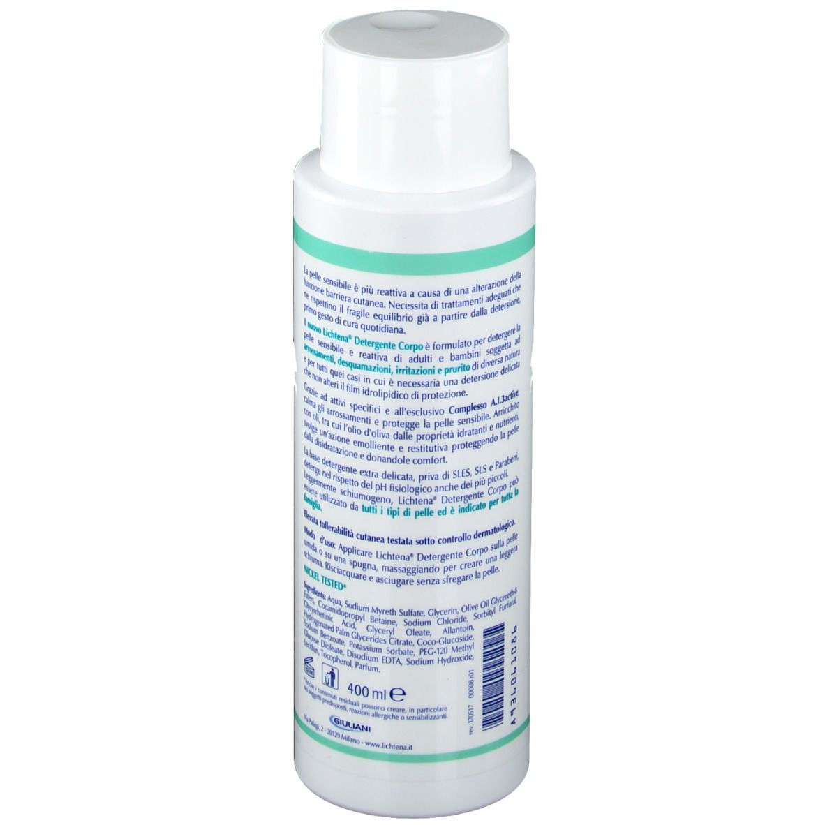 Flacon blanc avec étiquette verte. Texte en italien. Nom du produit: Lichtena Detergente Corpo. Volume: 400 ml. Logo Giuliani.