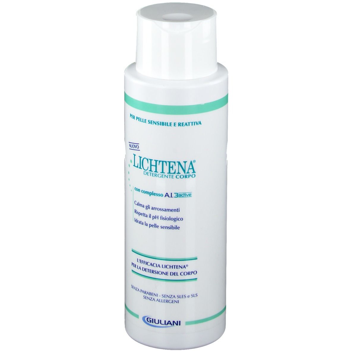 Flacon blanc avec étiquette verte. Inscription: Lichtena, Detergente Corpo. Pour peaux sensibles. Logo Giuliani.