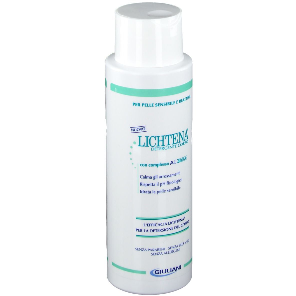Flacon blanc avec étiquette verte. Inscription: Lichtena, Detergente Corpo. Pour peaux sensibles. Logo Giuliani.