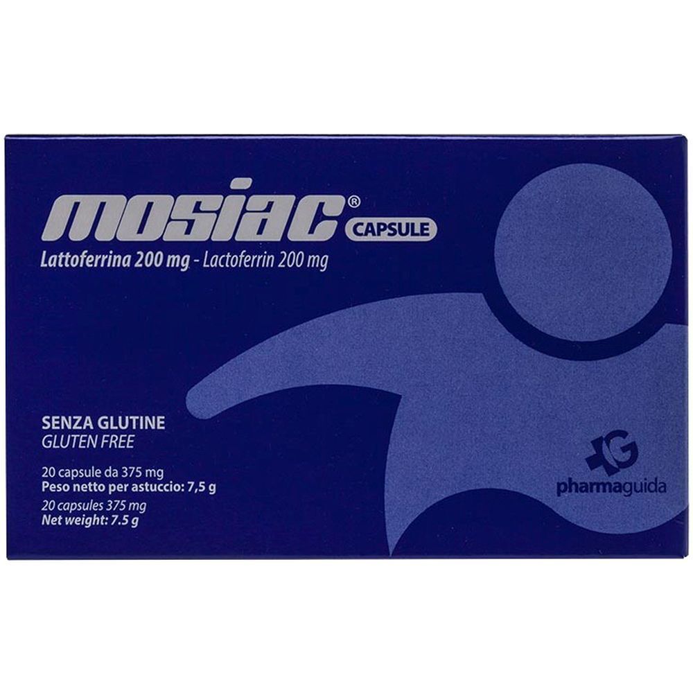 Boîte bleue avec inscription blanche: Mosiac Capsule, Lattoferrina 200 mg. Sans gluten. 20 gélules. Logo Pharmaguida.