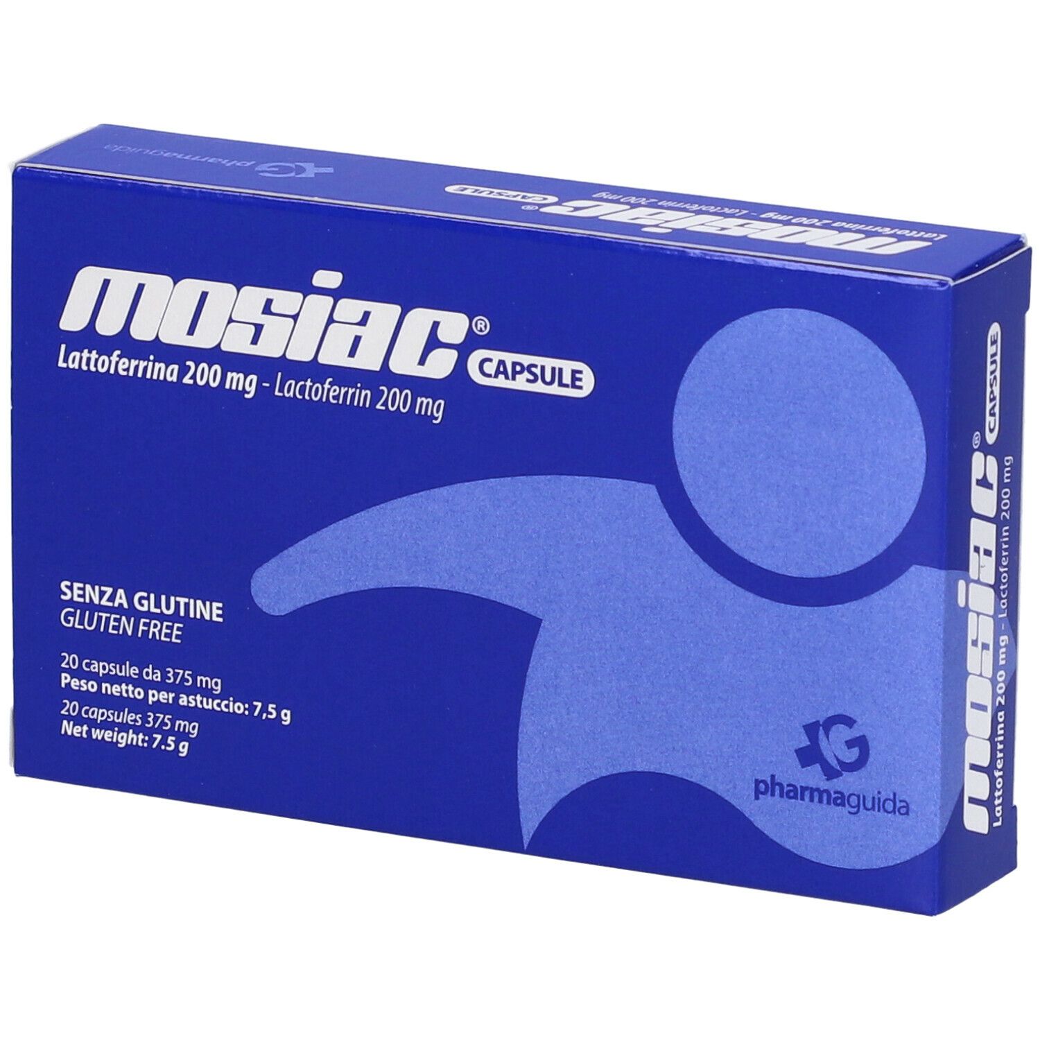 Boîte bleue avec inscription blanche: Mosiac Capsule, Lattoferrina 200 mg. Sans gluten. 20 gélules. Logo Pharmaguida.