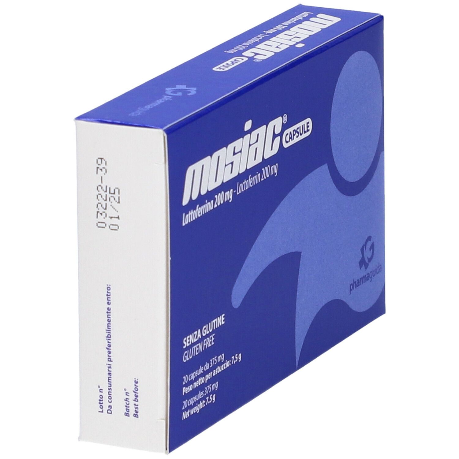 Boîte bleue avec inscription blanche: Mosiac Capsule, Lattoferrina 200 mg. Sans gluten. 20 gélules. Logo Pharmaguida.