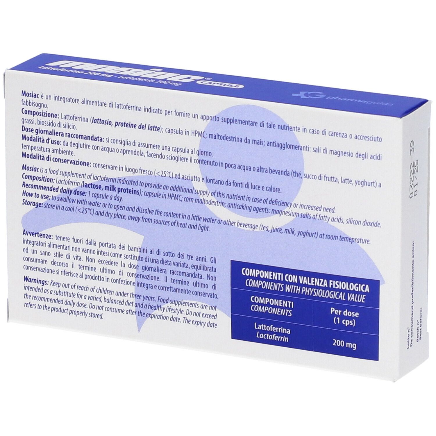 Boîte bleue avec inscription blanche: Mosiac Capsule, Lattoferrina 200 mg. Sans gluten. 20 gélules. Logo Pharmaguida. Dos avec informations.