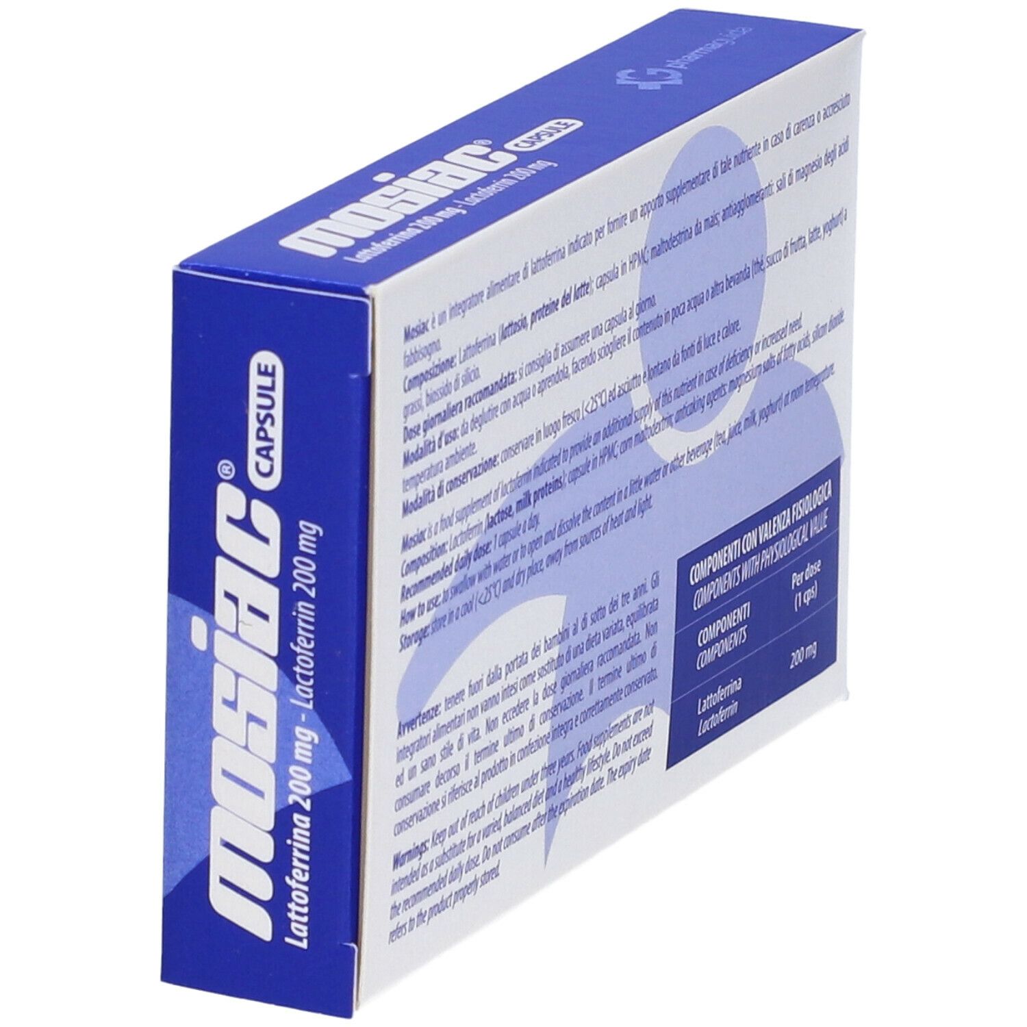 Boîte bleue avec inscription blanche: Mosiac Capsule, Lattoferrina 200 mg. Sans gluten. 20 gélules. Logo Pharmaguida. Dos avec informations.