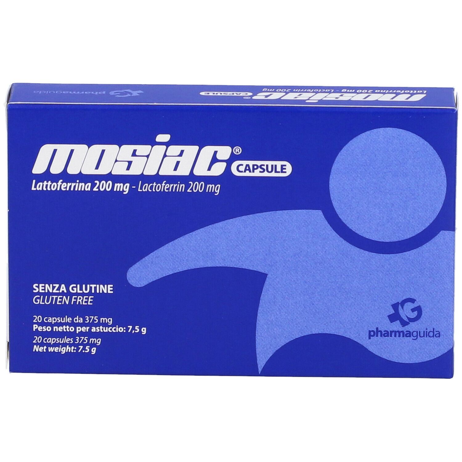 Boîte bleue avec inscription blanche: Mosiac Capsule, Lattoferrina 200 mg. Sans gluten. 20 gélules. Logo Pharmaguida.