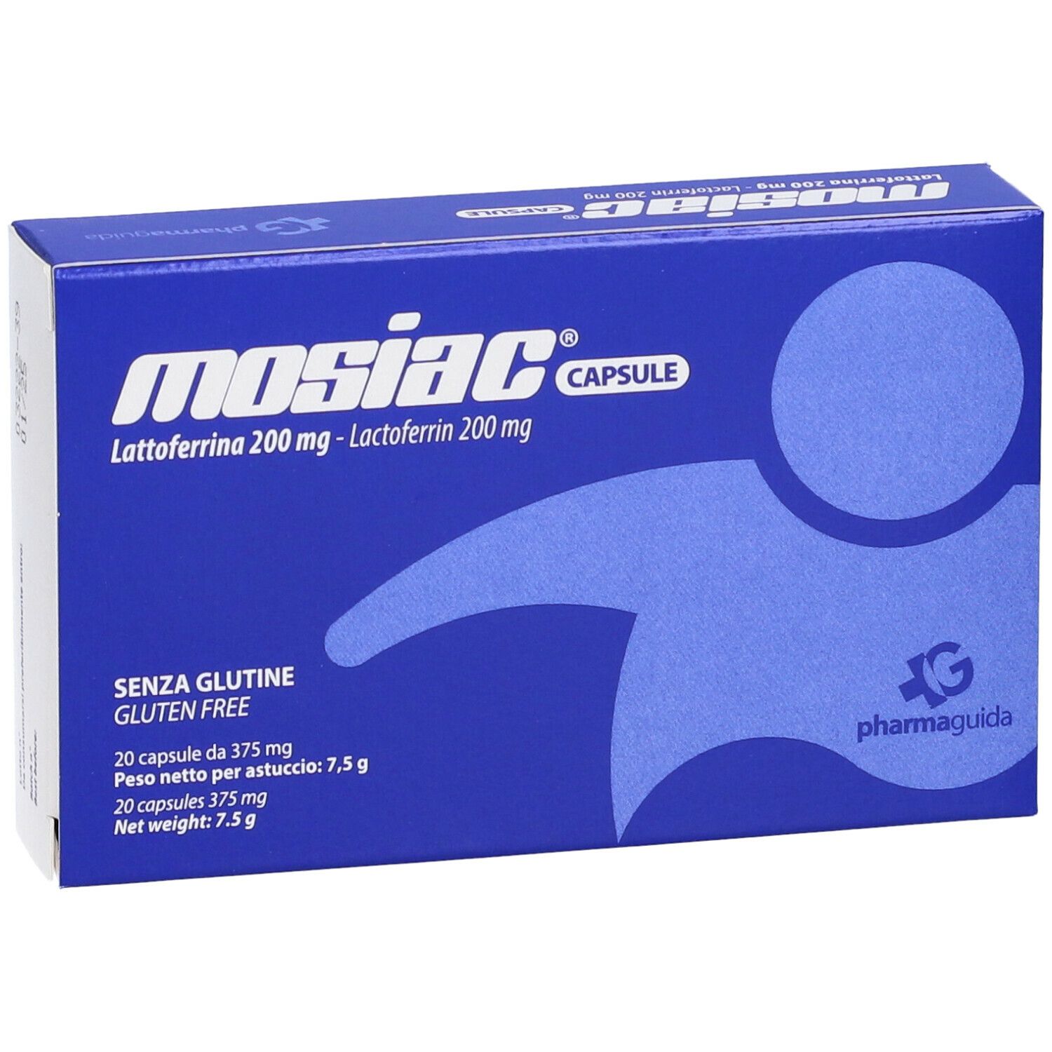 Boîte bleue avec inscription blanche: Mosiac Capsule, Lattoferrina 200 mg. Sans gluten. 20 gélules. Logo Pharmaguida.