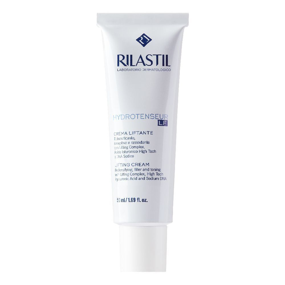 Weiße Tube mit blauem Aufdruck. Enthält Creme. Aufschrift: RILASTIL, HYDROTENSEUR LF, CREMA LIFTANTE, LIFTING CREAM.