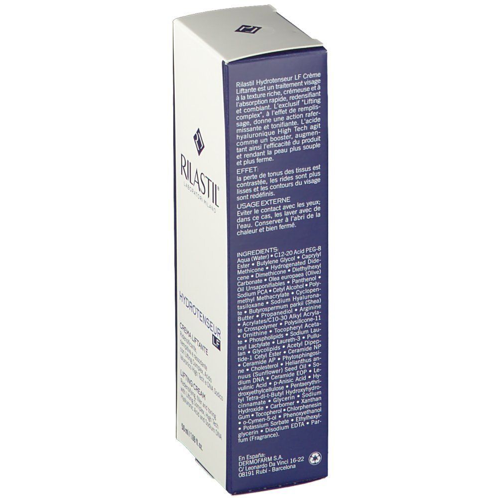 Kartonverpackung mit Produktinformationen. Aufschrift: RILASTIL, HYDROTENSEUR LF, CREMA LIFTANTE, LIFTING CREAM. Inhaltsstoffe.