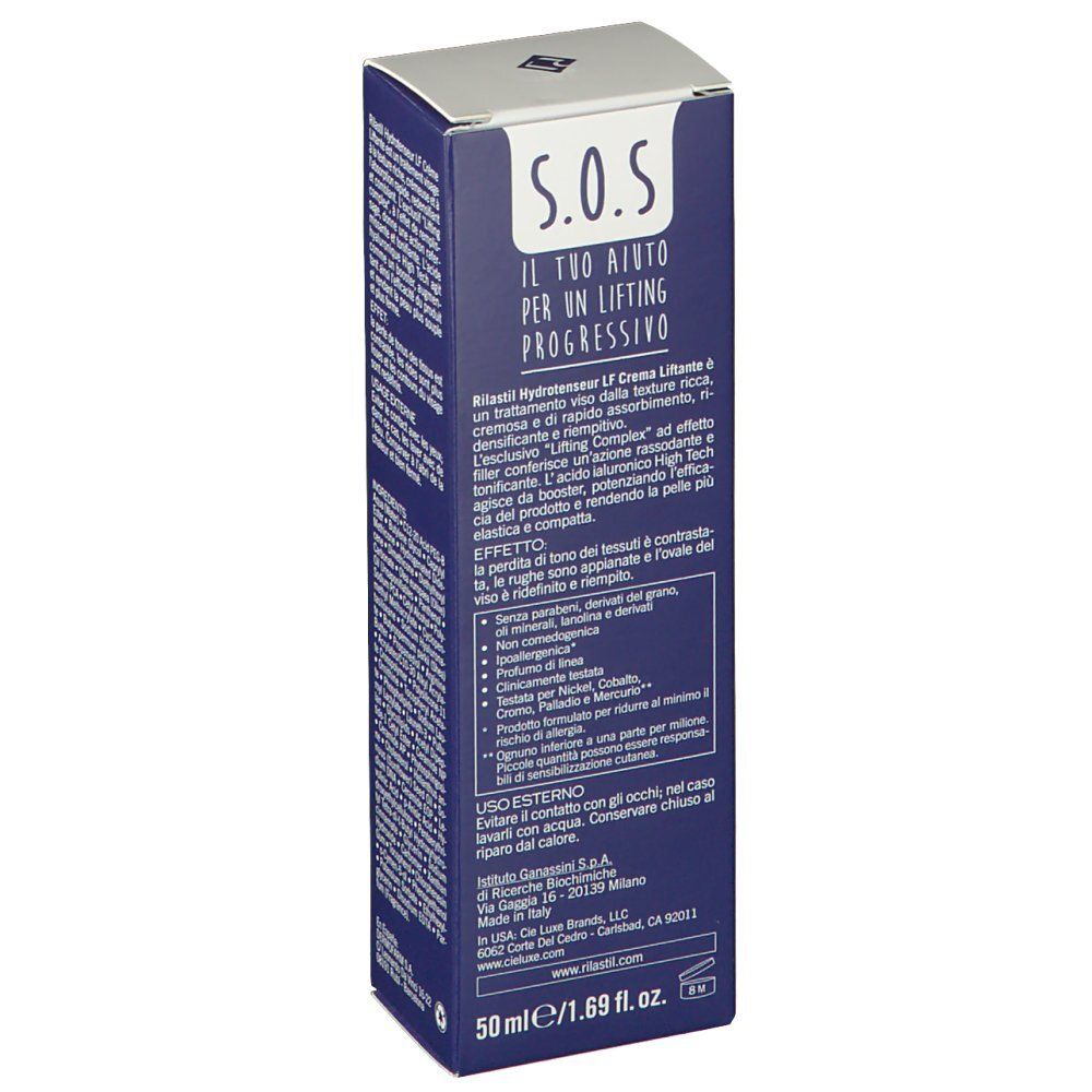 Blaue Kartonverpackung. Aufschrift: S.O.S. IL TUO AIUTO PER UN LIFTING PROGRESSIVO. Produktinformationen und Anwendungshinweise.