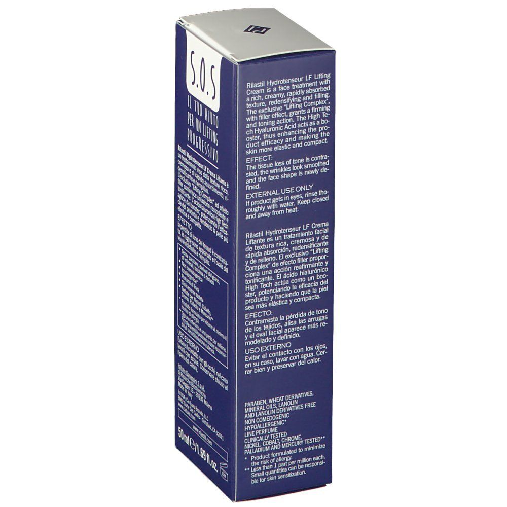 Blaue Kartonverpackung. Aufschrift: S.O.S. IL TUO AIUTO PER UN LIFTING PROGRESSIVO. Produktinformationen und Anwendungshinweise.