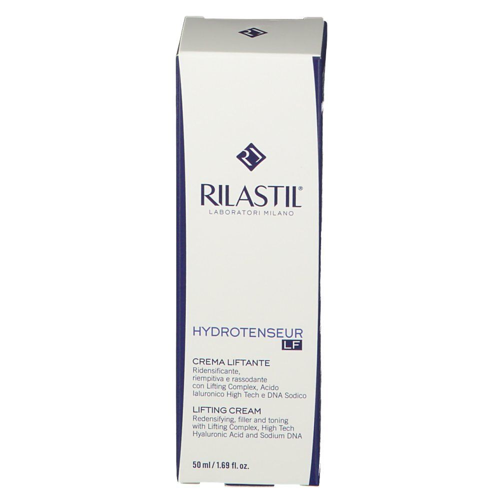 Kartonverpackung mit Produktinformationen. Aufschrift: RILASTIL, HYDROTENSEUR LF, CREMA LIFTANTE, LIFTING CREAM. 50 ml.