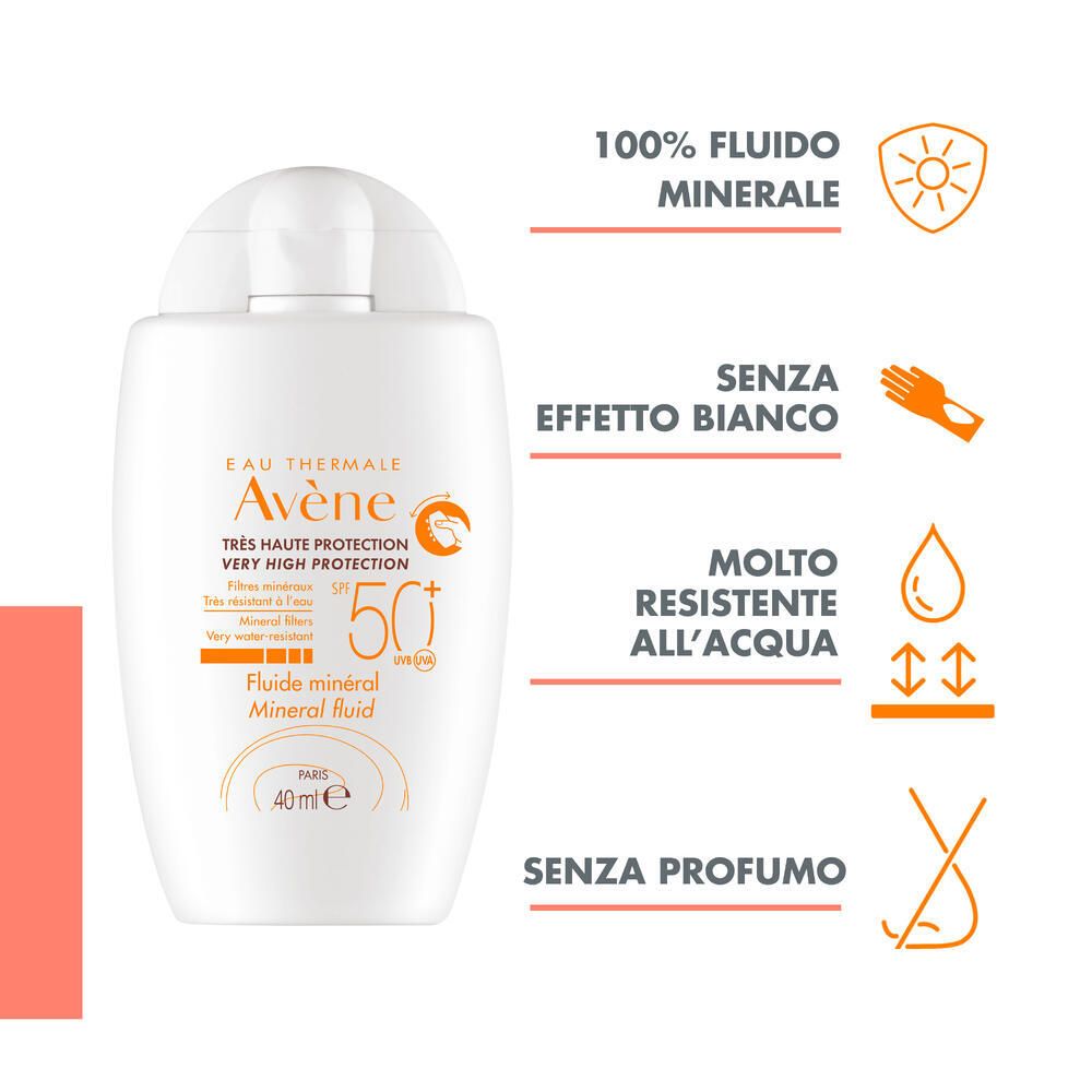 Sonnenfluid-Flasche mit Text. 100% mineralisch, ohne Weißeffekt, wasserfest, ohne Parfüm. 40 ml.