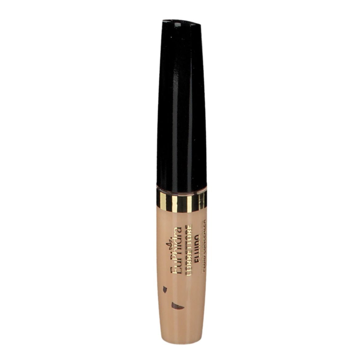 Beige Concealer-Tube mit schwarzem Deckel. Goldener Ring. Aufschrift.