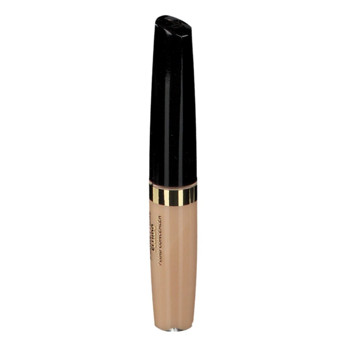 Beige Concealer-Tube mit schwarzem Deckel. Goldener Ring. Aufschrift.