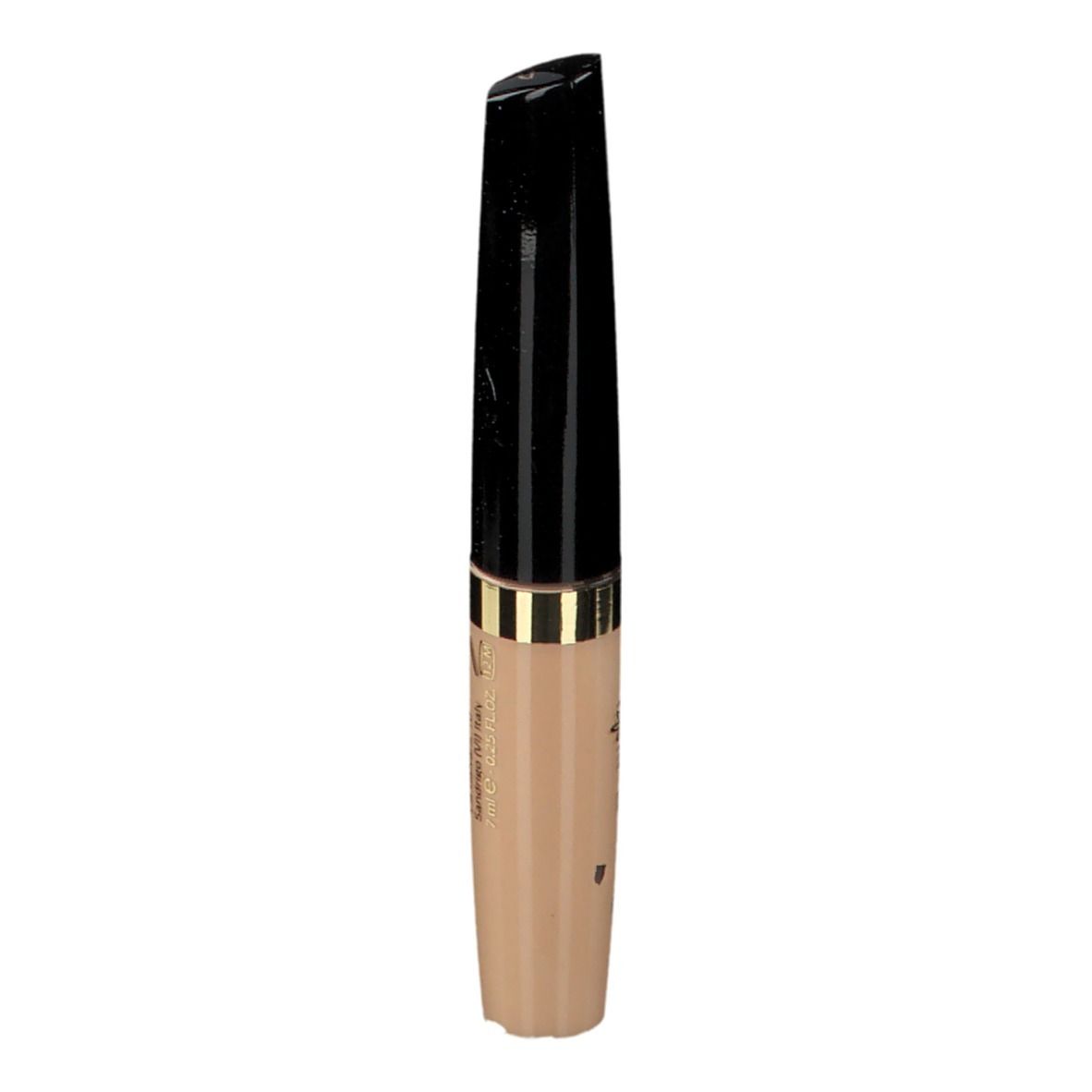 Beige Concealer-Tube mit schwarzem Deckel. Goldener Ring. Aufschrift.
