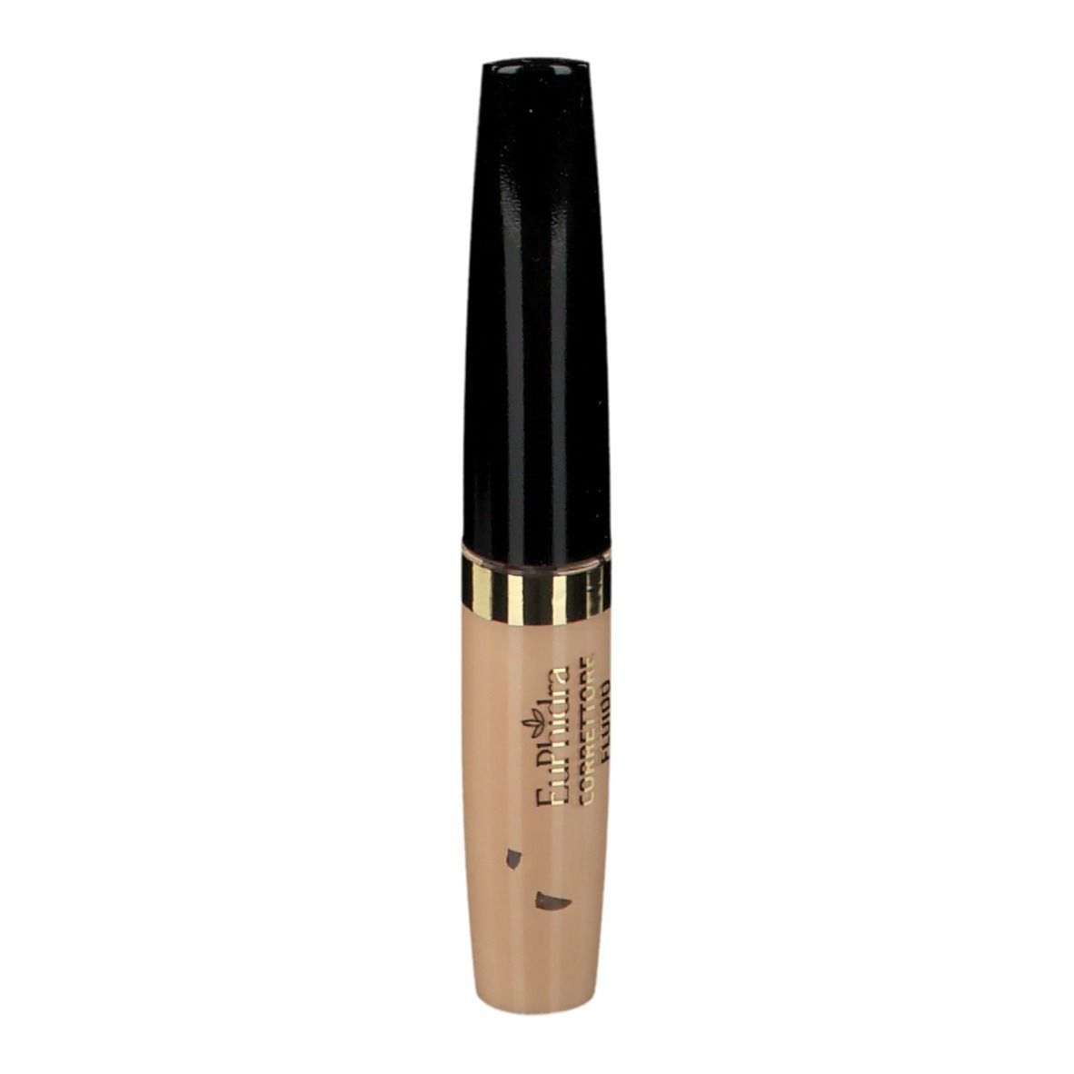 Beige Concealer-Tube mit schwarzem Deckel. Goldener Ring. Aufschrift.