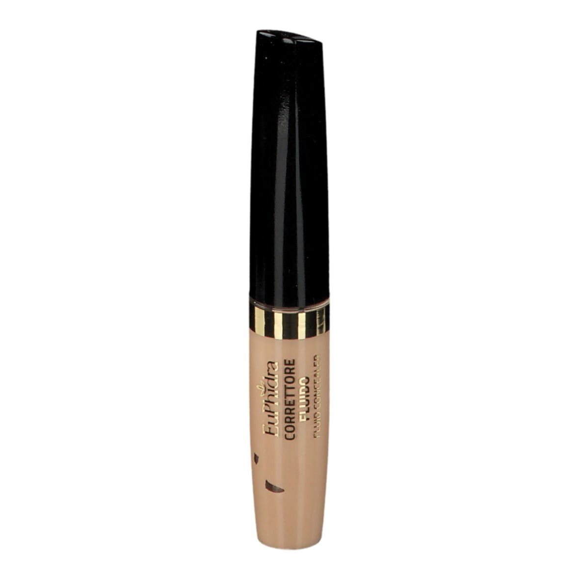 Beige Concealer-Tube mit schwarzem Deckel. Goldener Ring. Aufschrift.