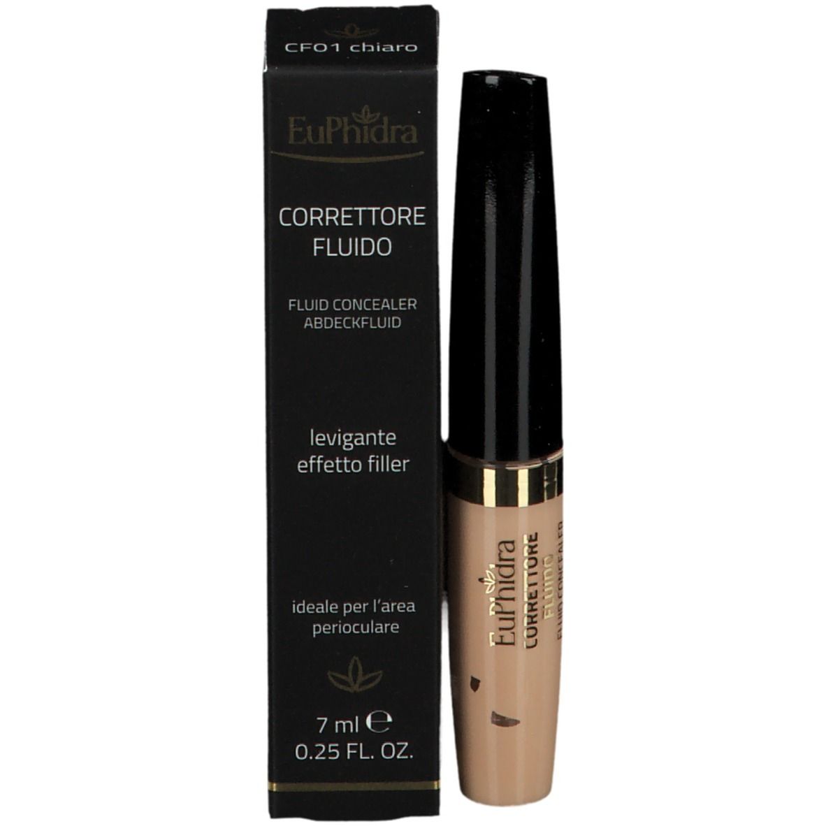Concealer-Tube und Schachtel. Schwarze Schachtel mit Produktinformationen.