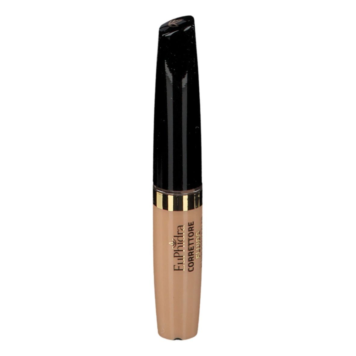 Correcteur fluide. Bouchon noir, bague dorée, contenant beige. Texte : EuPhidra Correttore.