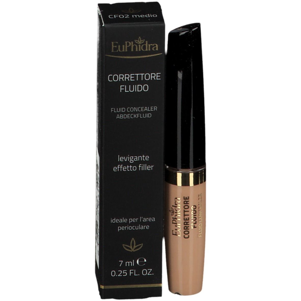 Correcteur EuPhidra avec emballage. Boîte noire, produit à côté. Texte : Correttore Fluido, 7 ml.