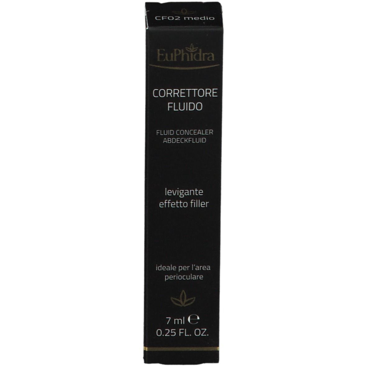 Emballage noir. Texte : EuPhidra, Correcteur Fluido, 7 ml.