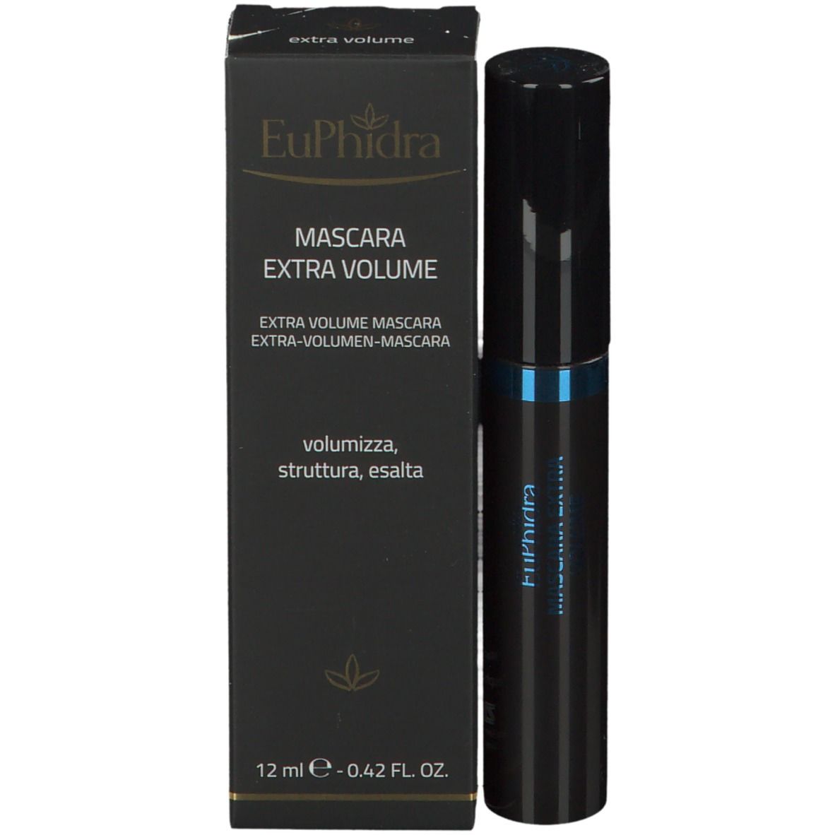 Mascara noir et emballage. Marque EuPhidra. Texte: Mascara Extra Volume.