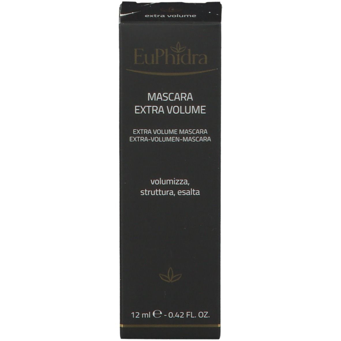 Emballage noir avec texte: Mascara Extra Volume. Marque EuPhidra.