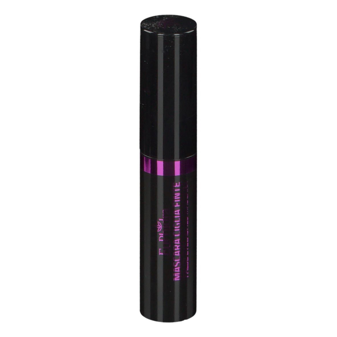 Tube de mascara noir à rayures verticales et accents violets. Texte: Mascara Ciglia Finte.