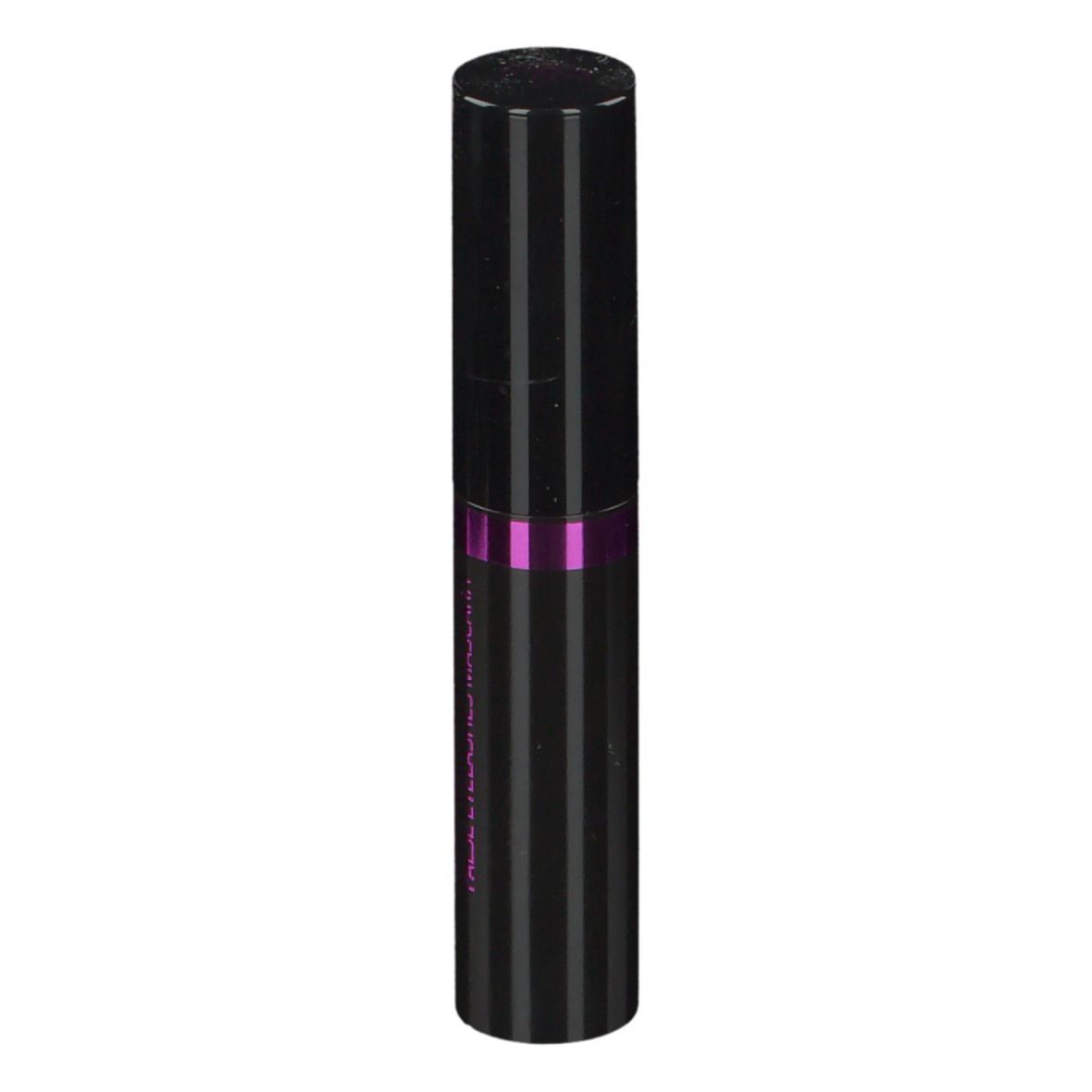 Tube de mascara noir à rayures verticales et accents violets. Texte: Mascara Ciglia Finte.