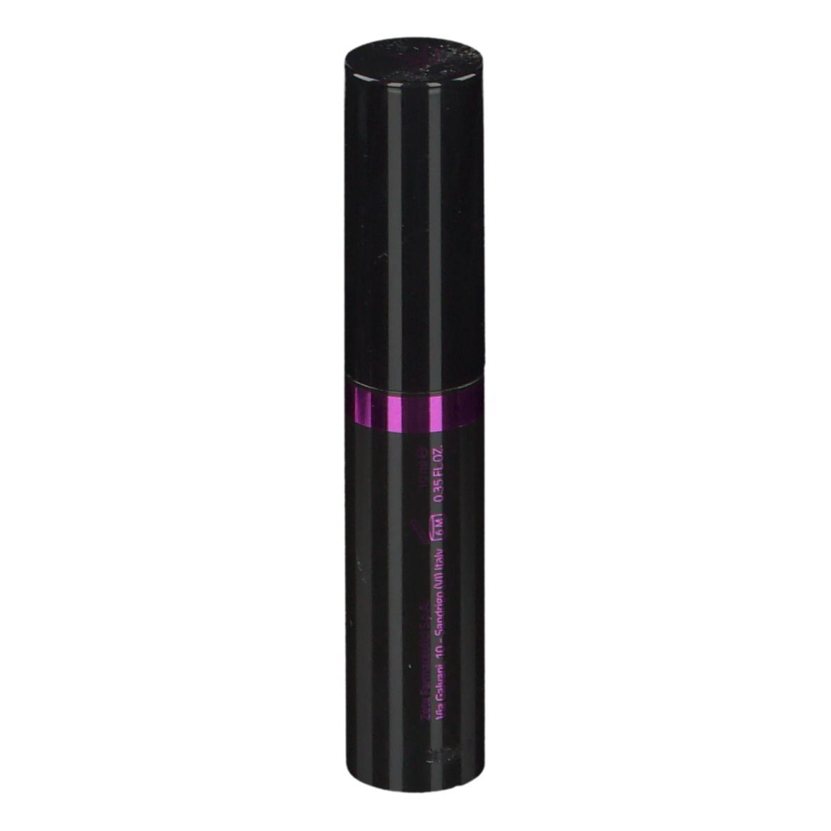 Tube de mascara noir à rayures verticales et accents violets. Texte: Mascara Ciglia Finte.