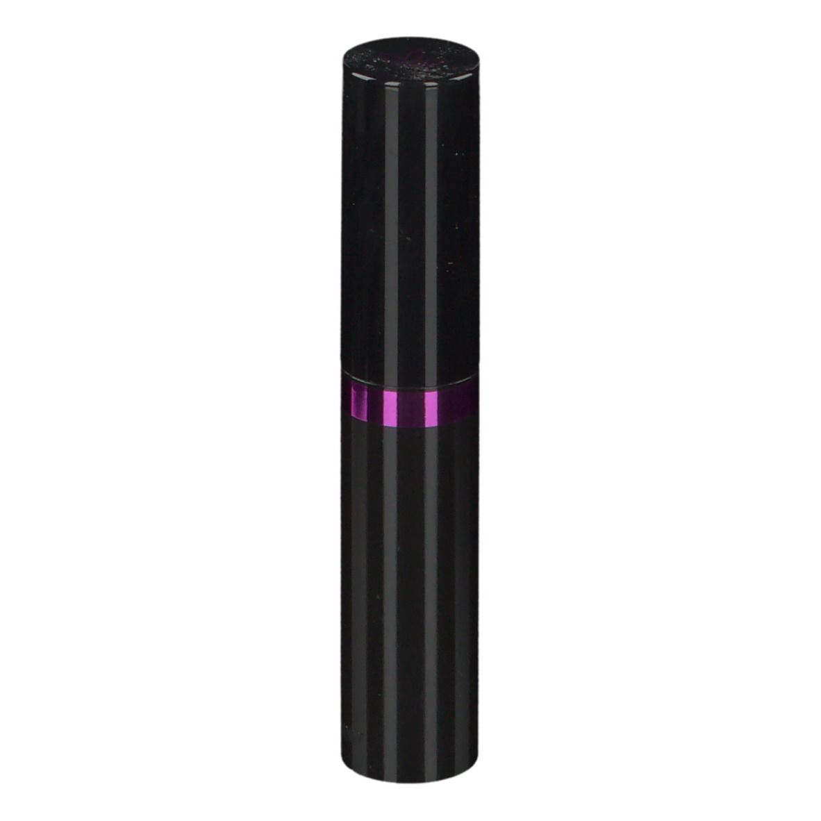 Tube de mascara noir à rayures verticales et accents violets. Texte: Mascara Ciglia Finte.