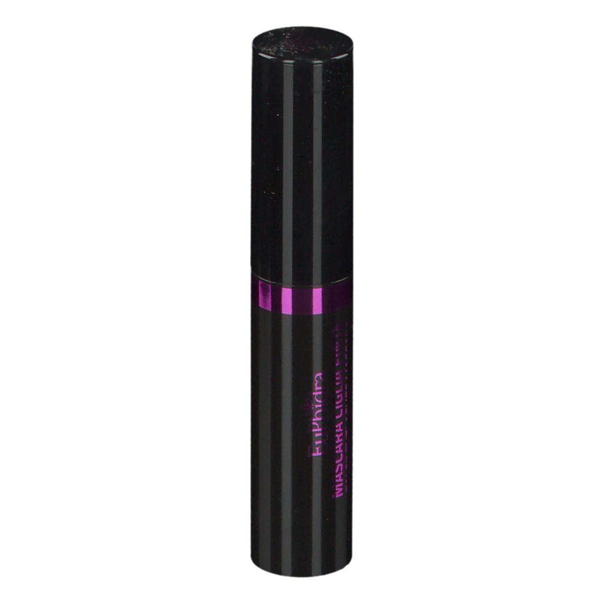 Tube de mascara noir à rayures verticales et accents violets. Texte: Mascara Ciglia Finte.