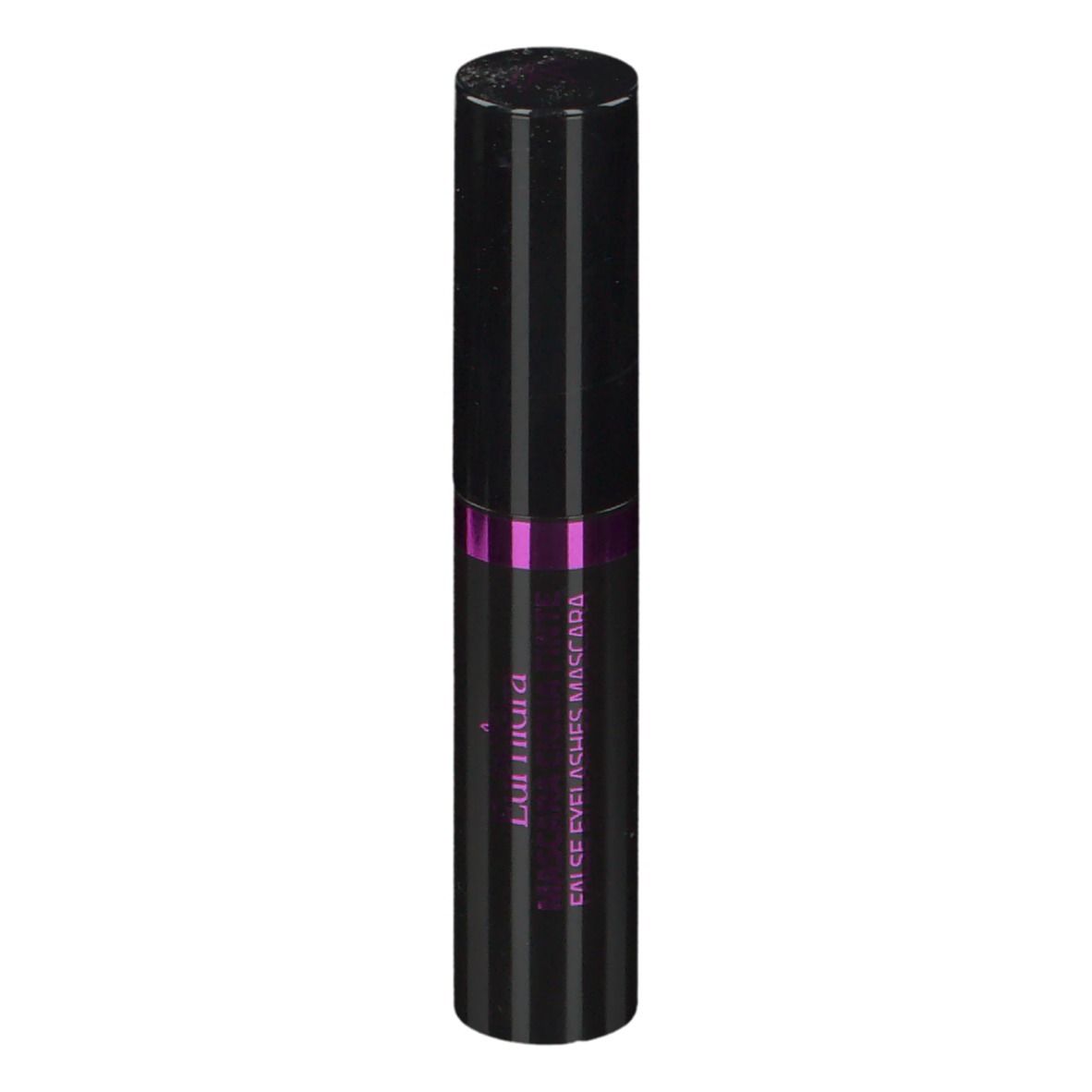 Tube de mascara noir à rayures verticales et accents violets. Texte: False Eyelashes Mascara.