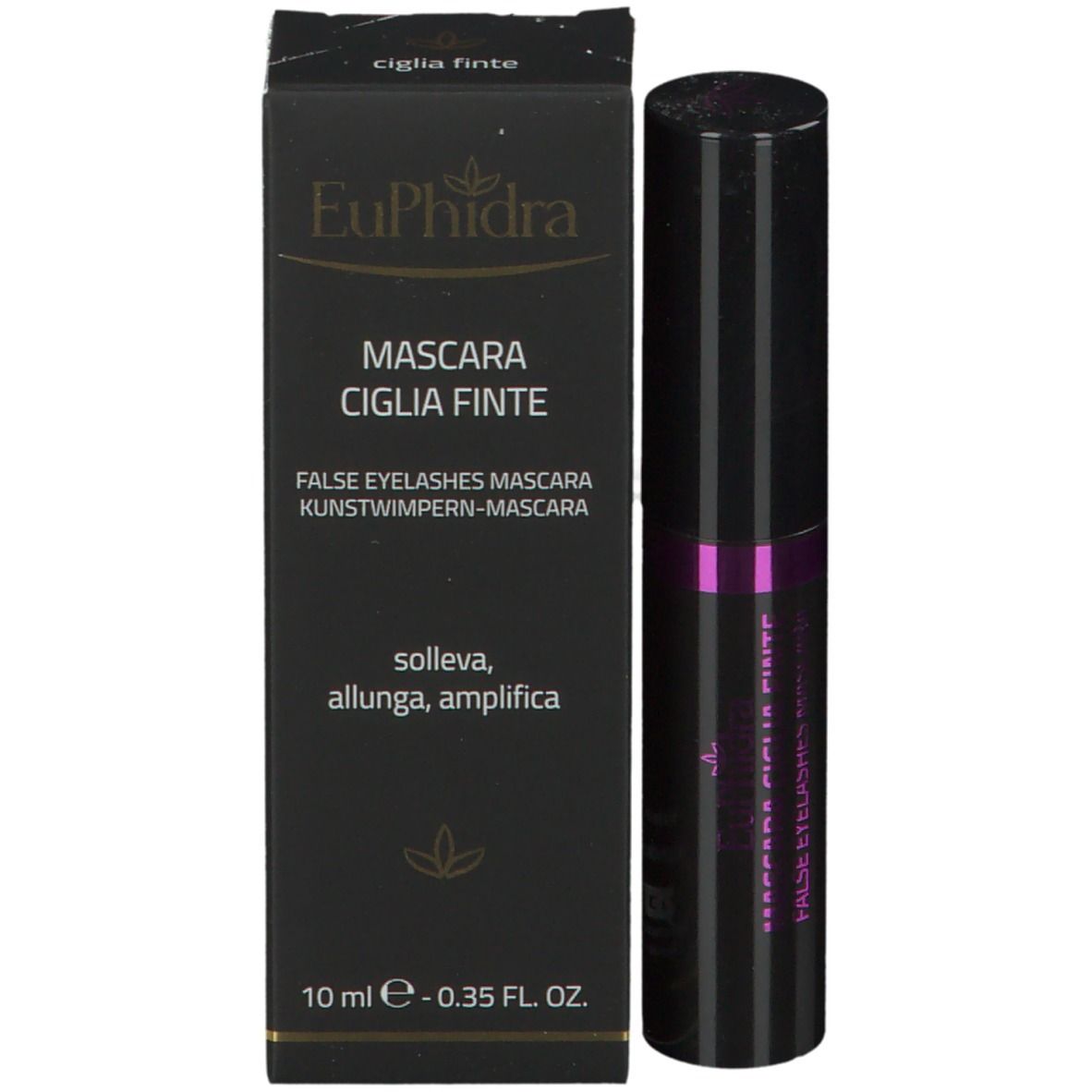 Tube de mascara noir et emballage. Texte: EuPhidra, Mascara Ciglia Finte, 10 ml.