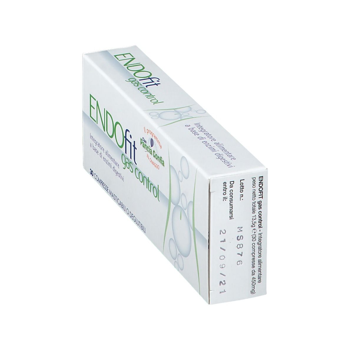 Boîte ENDOfit gas control en biais. Emballage blanc avec texte vert. Ingrédients imprimés.