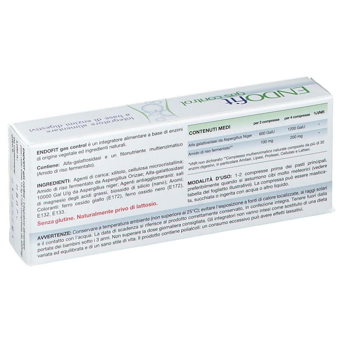 Dos de la boîte ENDOfit gas control. Emballage blanc avec texte et ingrédients en italien.