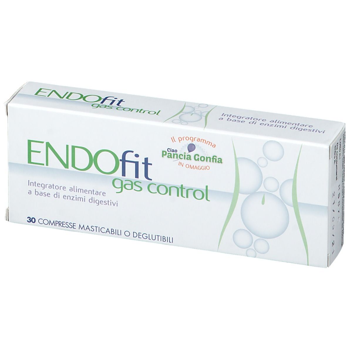 Boîte ENDOfit gas control. Emballage blanc avec texte et logo verts. 30 comprimés.