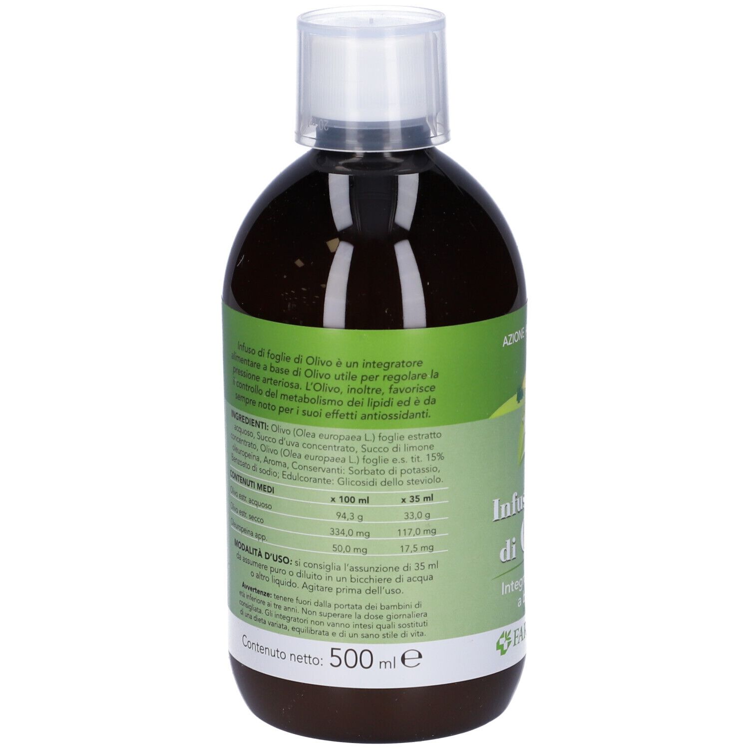 Bouteille marron avec bouchon blanc. Étiquette avec ingrédients et valeurs nutritionnelles. Contenu: 500 ml.