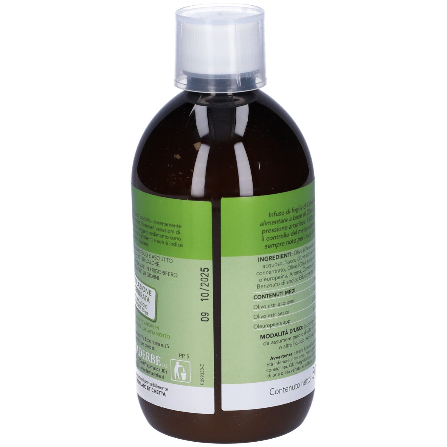 Bouteille marron avec bouchon blanc. Étiquette avec ingrédients et date d'expiration 09/10/2025. Contenu: 500 ml.