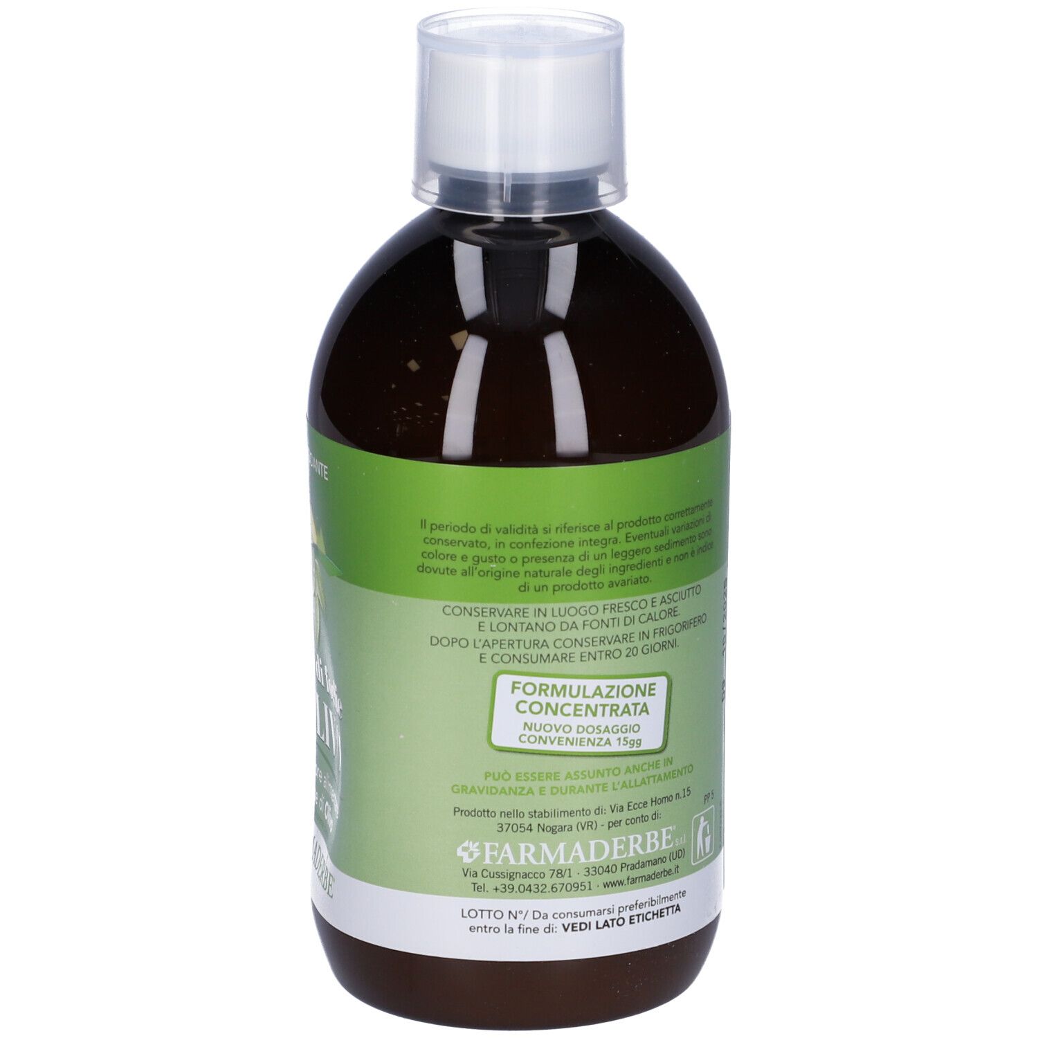 Bouteille marron avec bouchon blanc. Étiquette avec informations d'utilisation et de conservation. Contenu: 500 ml.