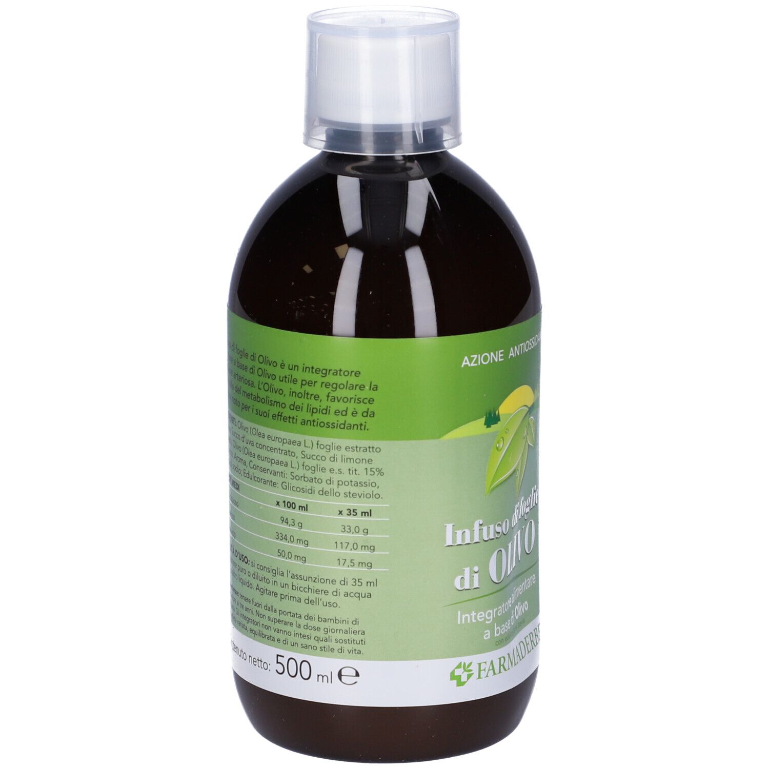 Bouteille marron avec bouchon blanc. Étiquette avec ingrédients et valeurs nutritionnelles. Contenu: 500 ml.