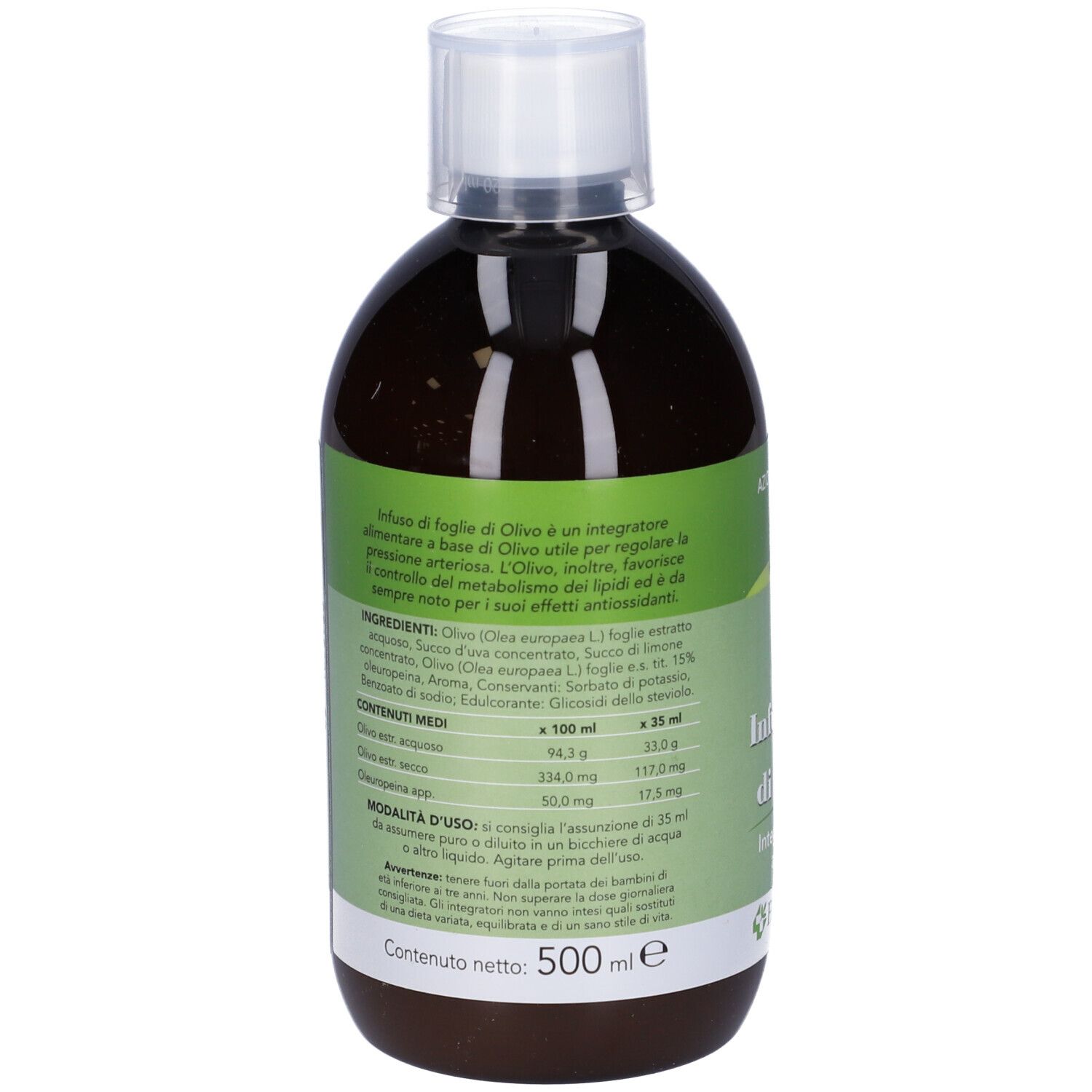 Bouteille marron avec bouchon blanc. Étiquette avec ingrédients et valeurs nutritionnelles. Contenu: 500 ml.