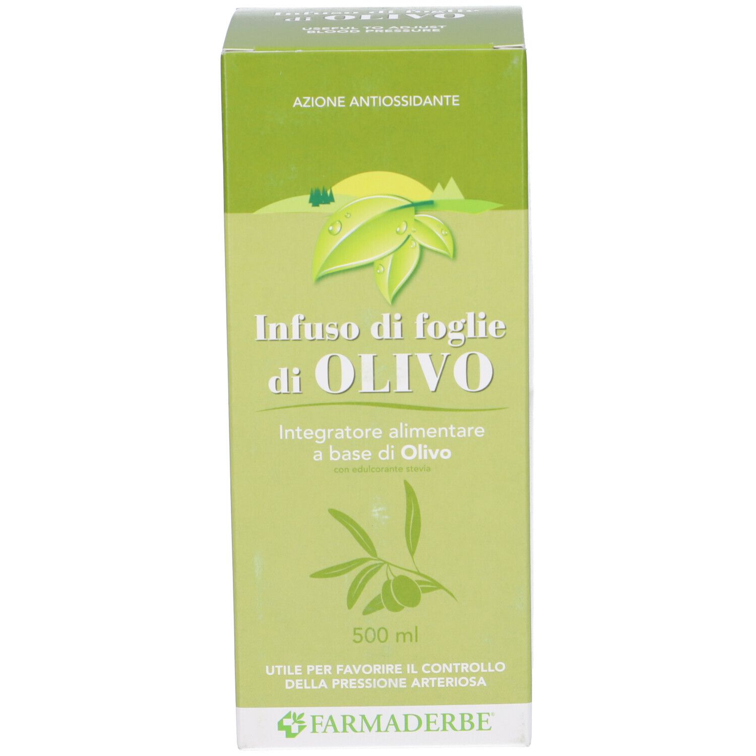 Boîte verte avec 'Infuso di foglie di OLIVO'. Contient 500 ml. Marque: Farmaderbe.