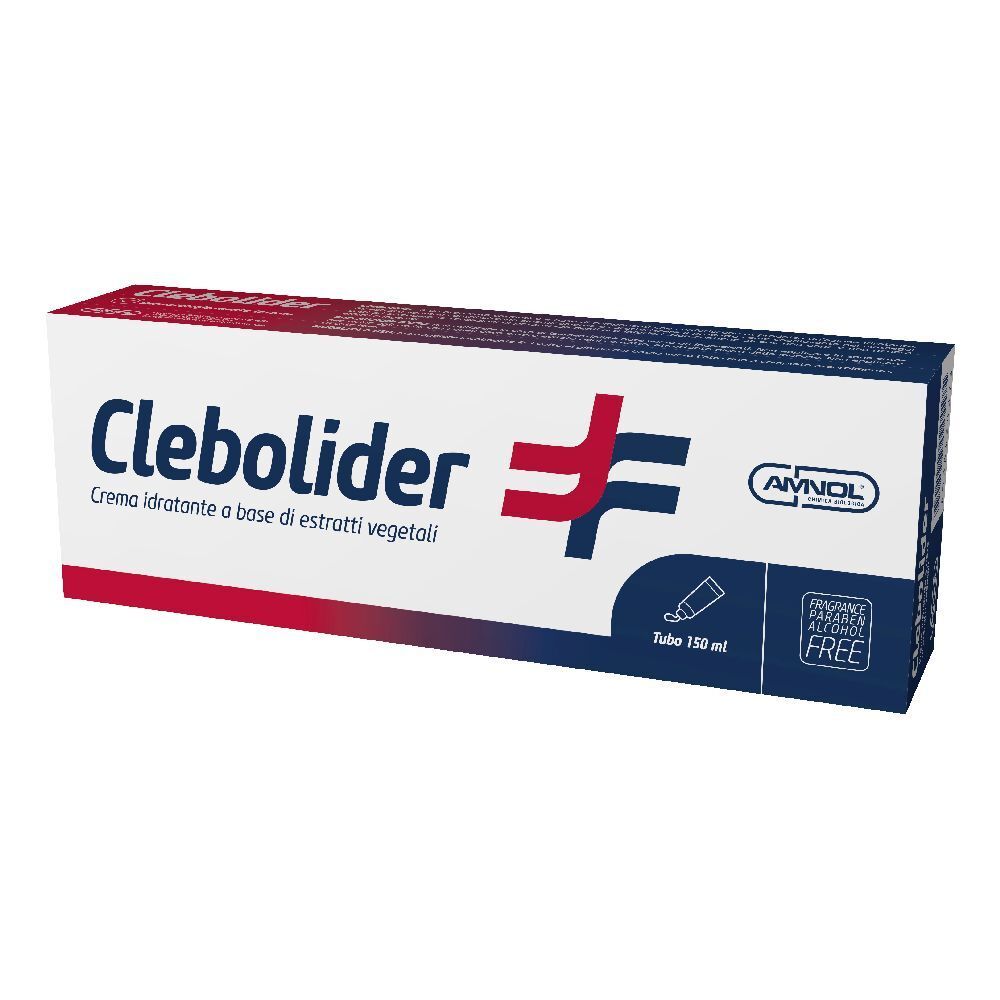 Emballage Clebolider. Blanc, rouge et bleu. Texte: Clebolider, Crème hydratante à base d'extraits végétaux. Tube 150 ml.