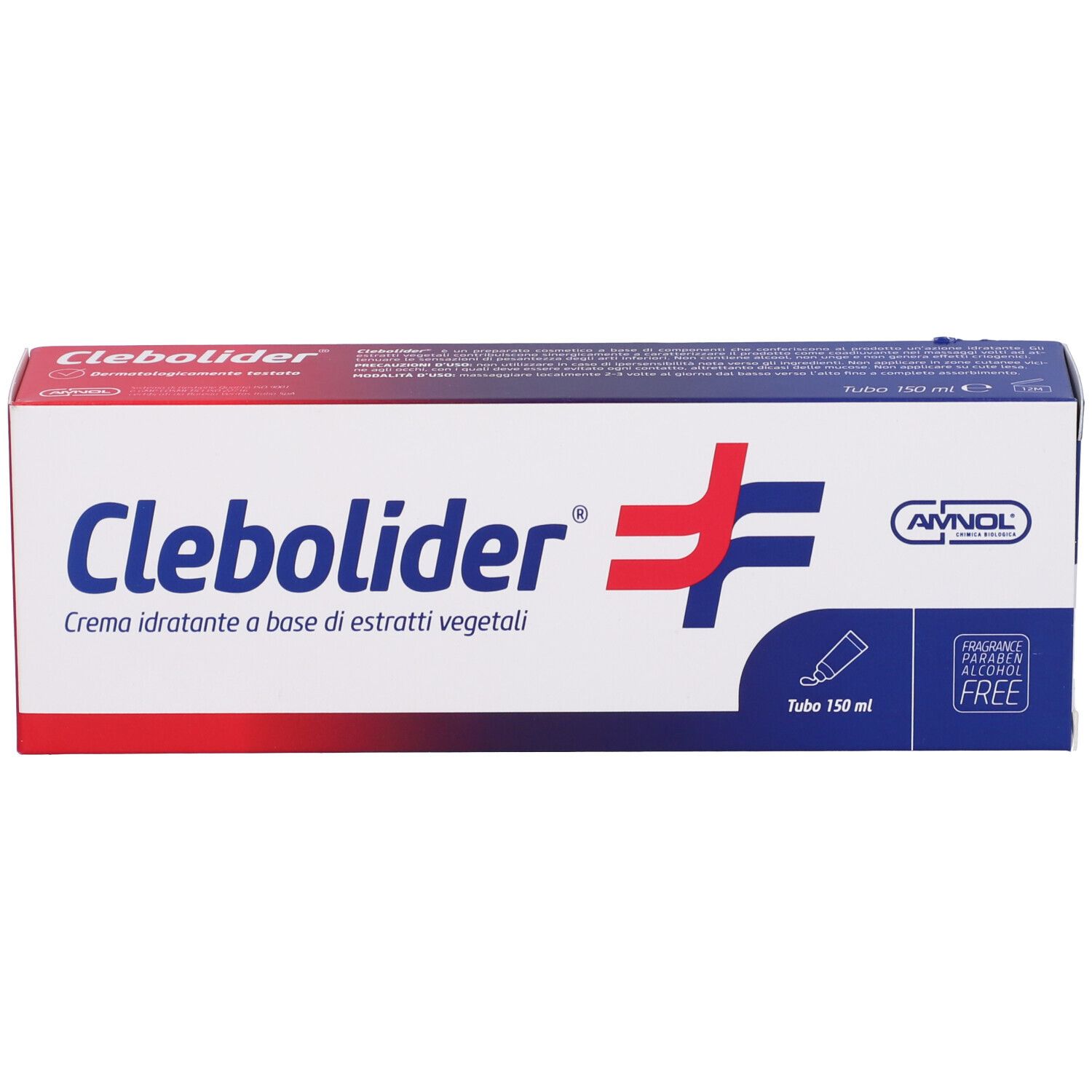 Emballage Clebolider. Blanc, rouge et bleu. Texte: Clebolider, Crème hydratante à base d'extraits végétaux. Tube 150 ml.