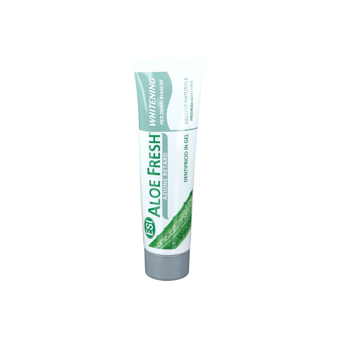Zahncreme-Tube mit grün-weißem Design. Aufschrift: Aloe Fresh, Whitening, für weiße Zähne. Grauer Verschluss.